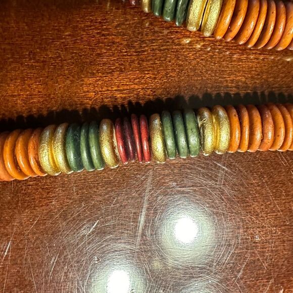 Vintage Wooden Statement stacked necklace with painted artistic design - Picture 6 of 7